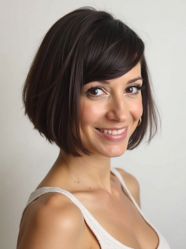 Angled Bob Haircut with Bottleneck Bangs