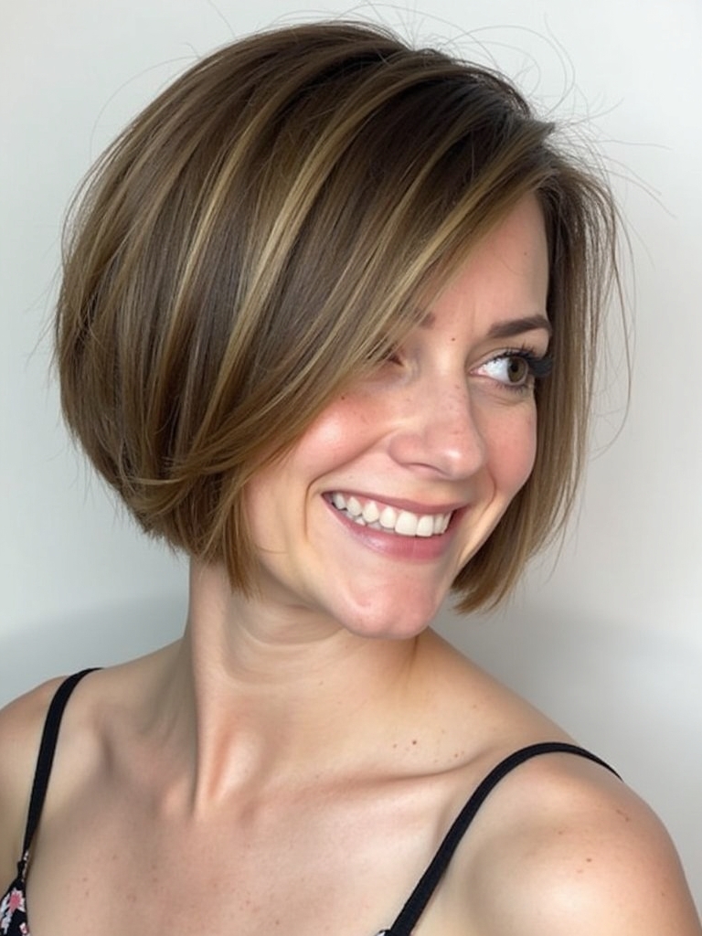Angled Bob Haircut with Wispy Bangs
