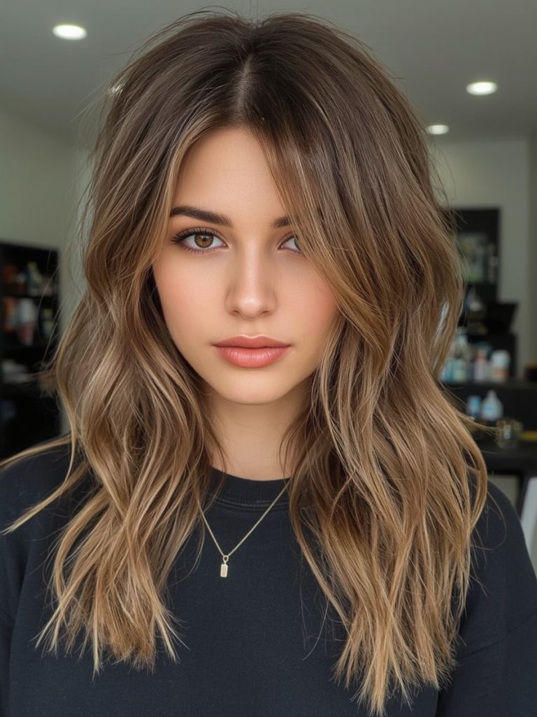 Caramel Money Piece Highlights on Brown Hair