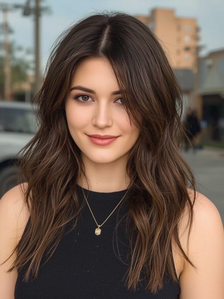 Butterfly Haircut Long Hair For Round Face: Caramel Highlights and Butterfly Layers